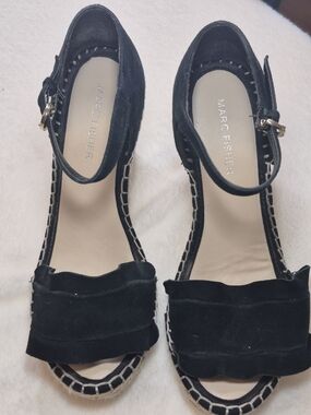 Marc Fisher Black Suede Ruffled T-Strap Sandals